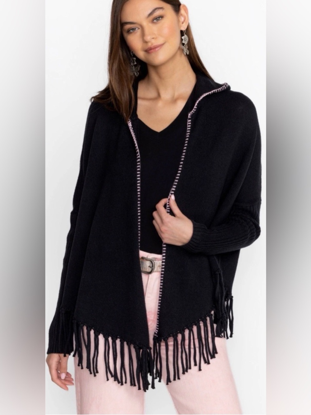 Johnny Was L Large Fringe Open Poncho Cardigan Black Hooded Sweater Jacket $398